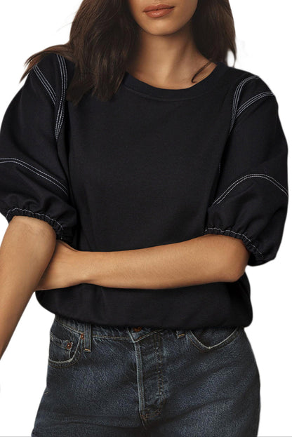 Contrast Stitching Puff Sleeve Blouse