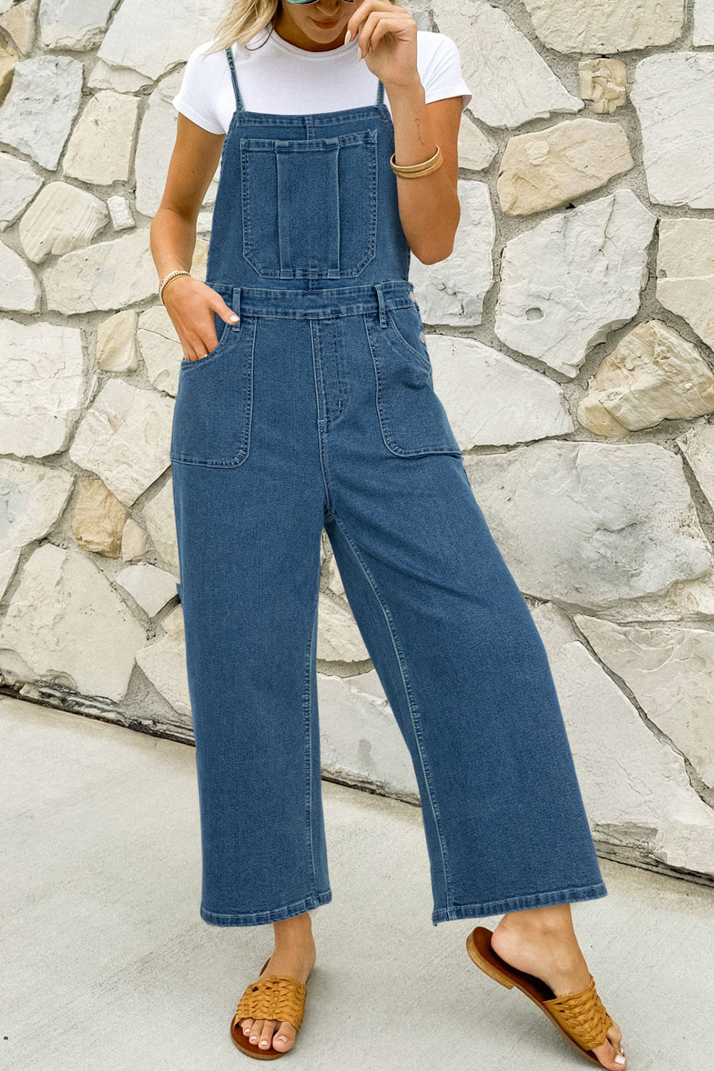 Denim Tie Straps Cropped Overalls