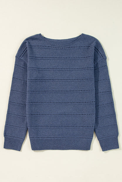 Pointelle Knit Boat Neck Drop Shoulder Sweater