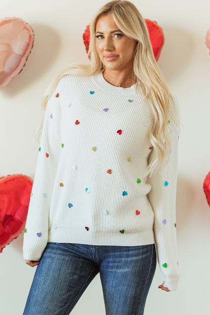 Valentine Heart Sequin Ribbed Knit Crewneck Sweater