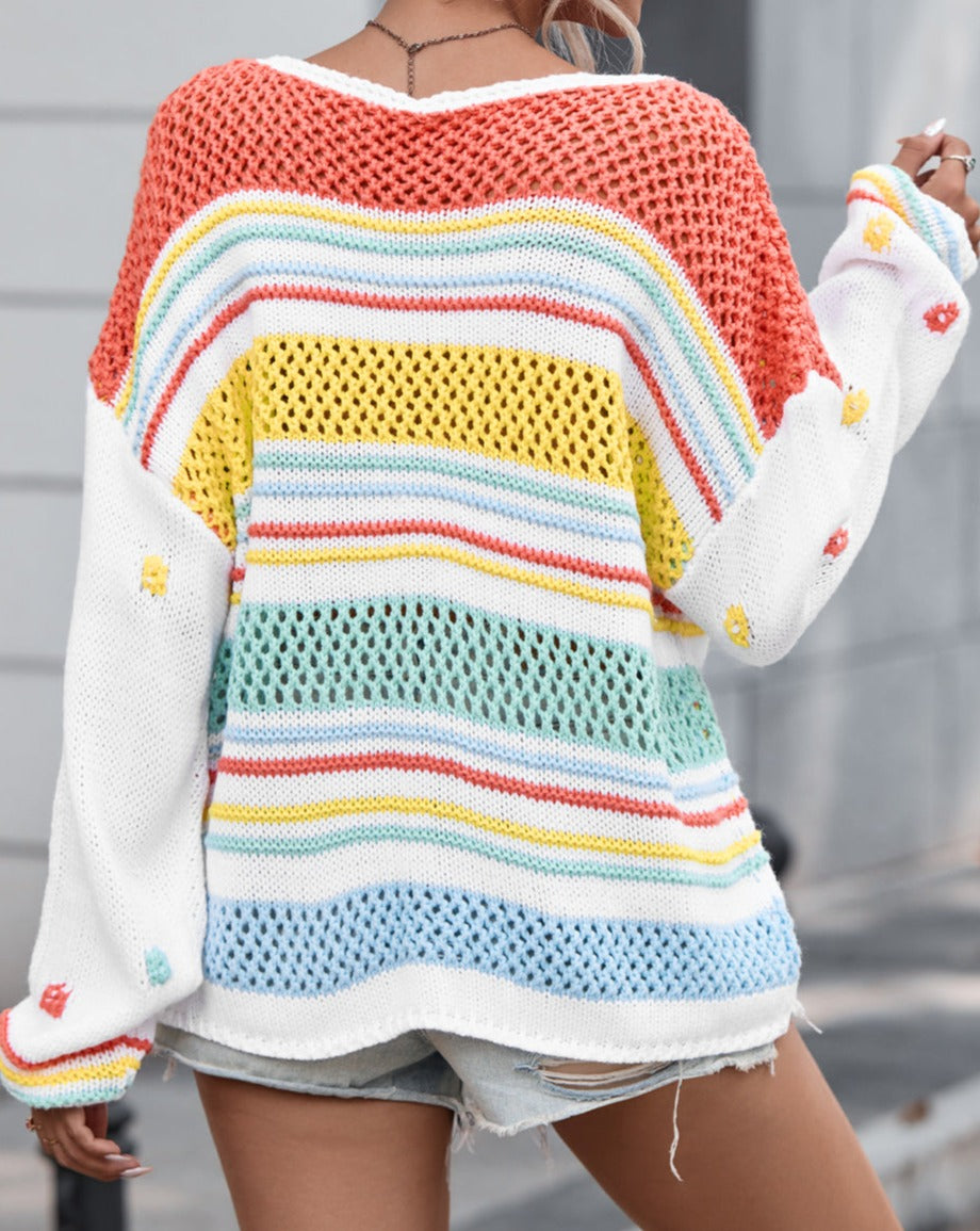 Stripe Hollowed Knit Long Sleeve Sweater