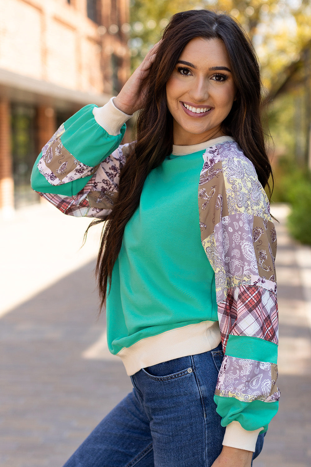 Plaid Paisley Patchwork Long Sleeve Top