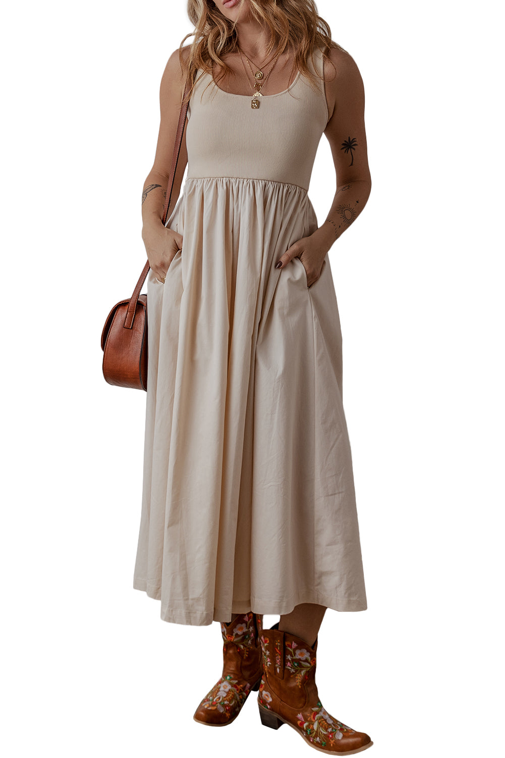 Pleated Scoop Neck Sleeveless Long Dress