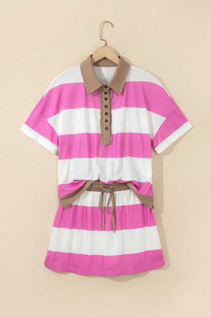 Stripe Raw Edge Polo Tee & Mini Skort Set