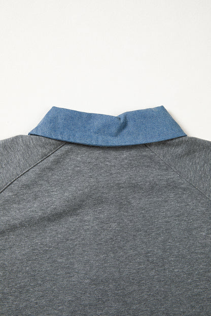 Colorblock Denim Patchwork Shirt Collar Blouse