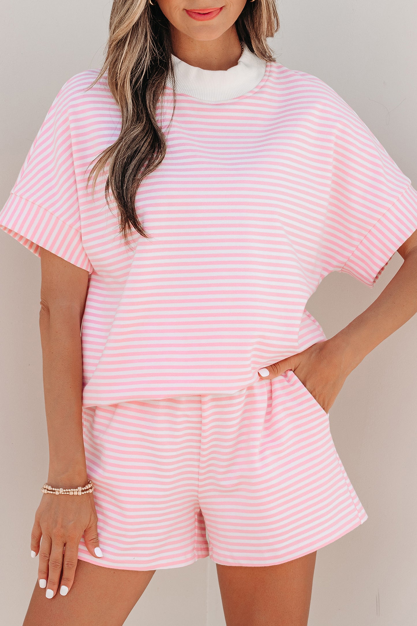 Stripe Contrast Mock Neck Tee & Shorts Set