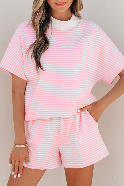 Stripe Contrast Mock Neck Tee & Shorts Set