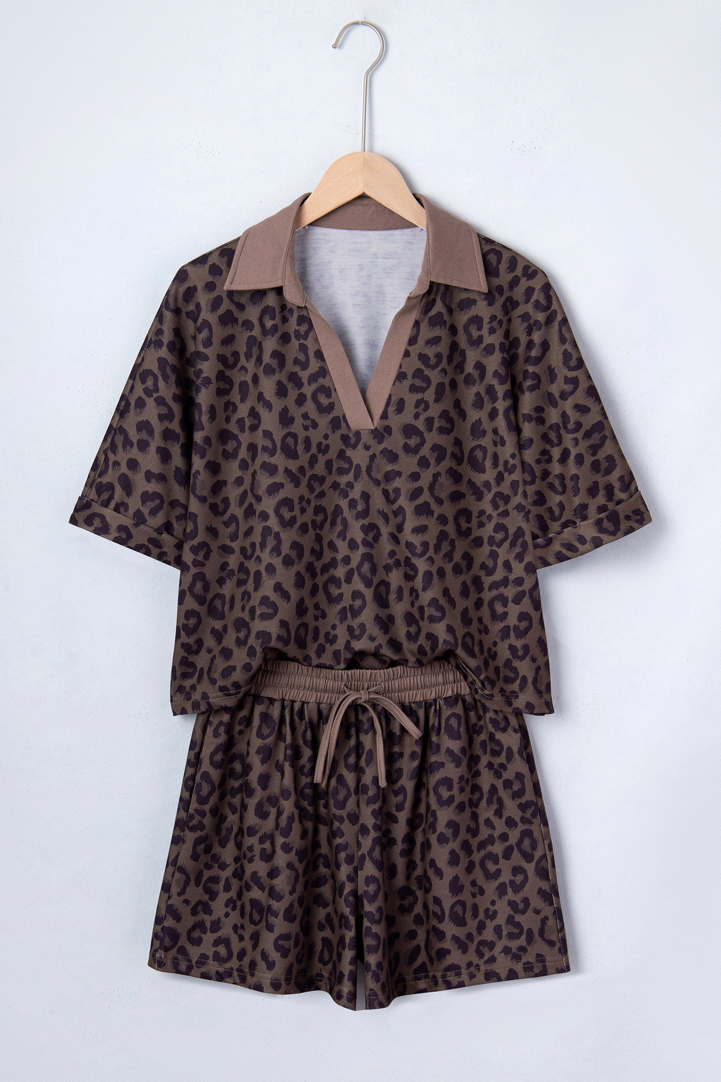 Leopard Collared V-Neck Top & Shorts Set