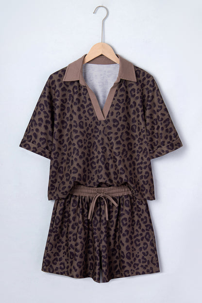 Leopard Collared V-Neck Top & Shorts Set