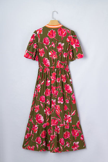 Floral Stripe Trim Short Puff Sleeve Maxi Dress