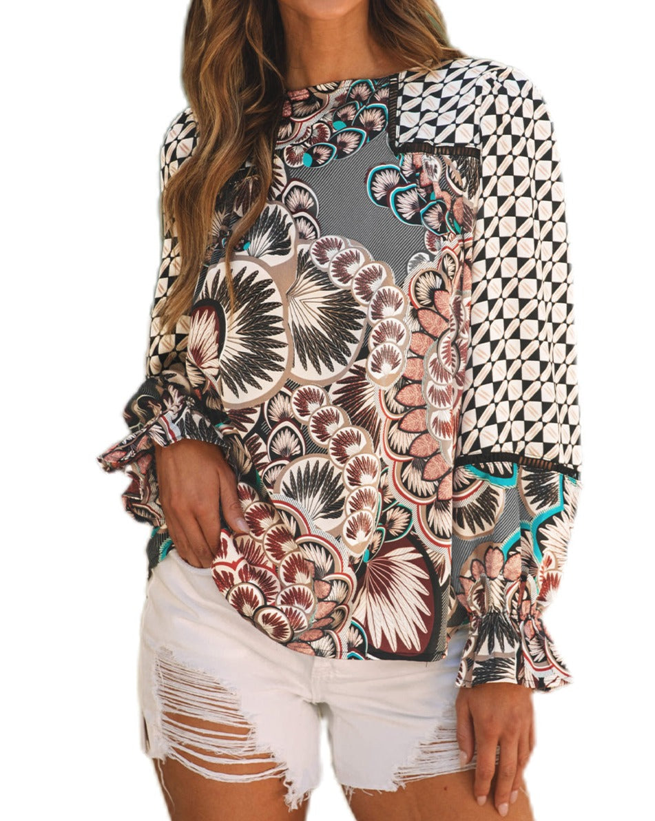 Floral Geometric Long Sleeve Blouse