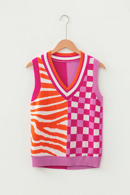 Stripe Checker Patchwork V-Neck Sweater Top