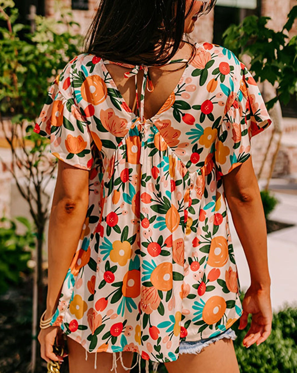 Floral V-Neck Tied Back Blouse