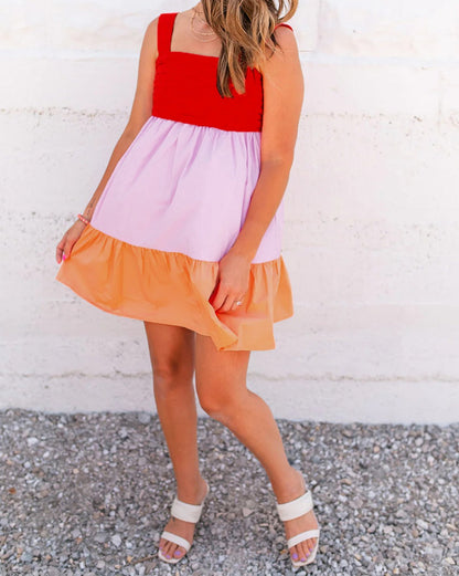 Colorblock Tied Backless Flare Dress