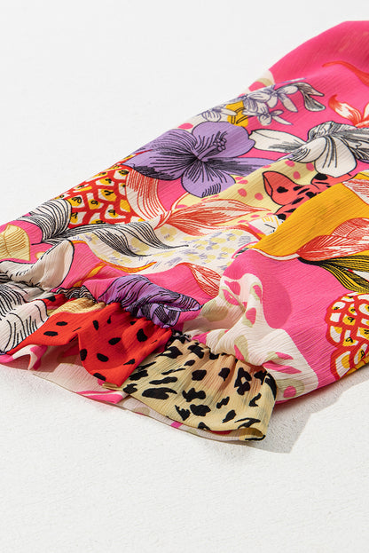 Floral Abstract Leopard Buttoned Ruffle Bubble Sleeve Shirt