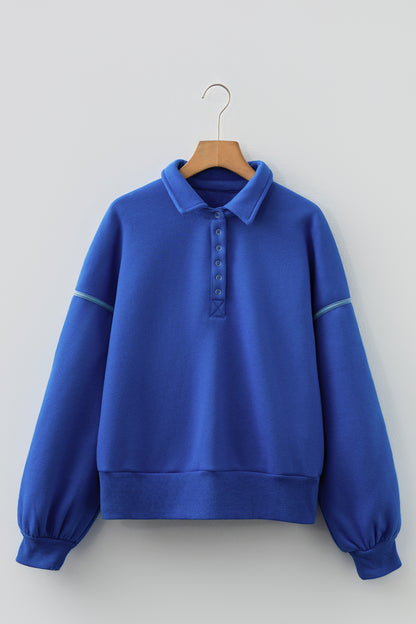 Collared Snap Button Exposed Seam Sweatshirt