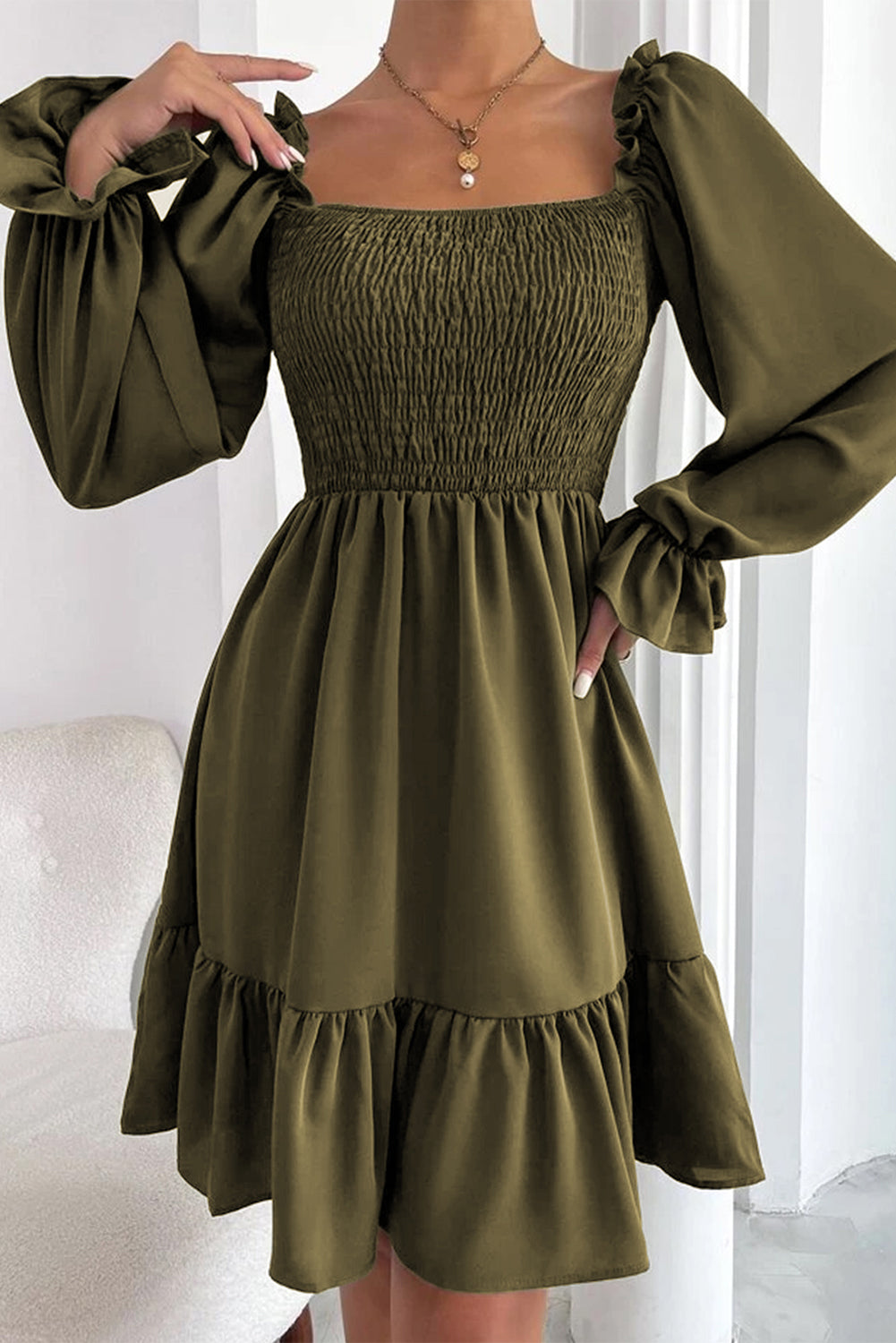 Smocked Ruffle Puff Sleeve Dress