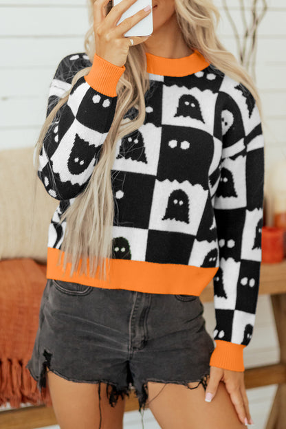 Halloween Ghost Checker High Neck Drop Shoulder Sweater