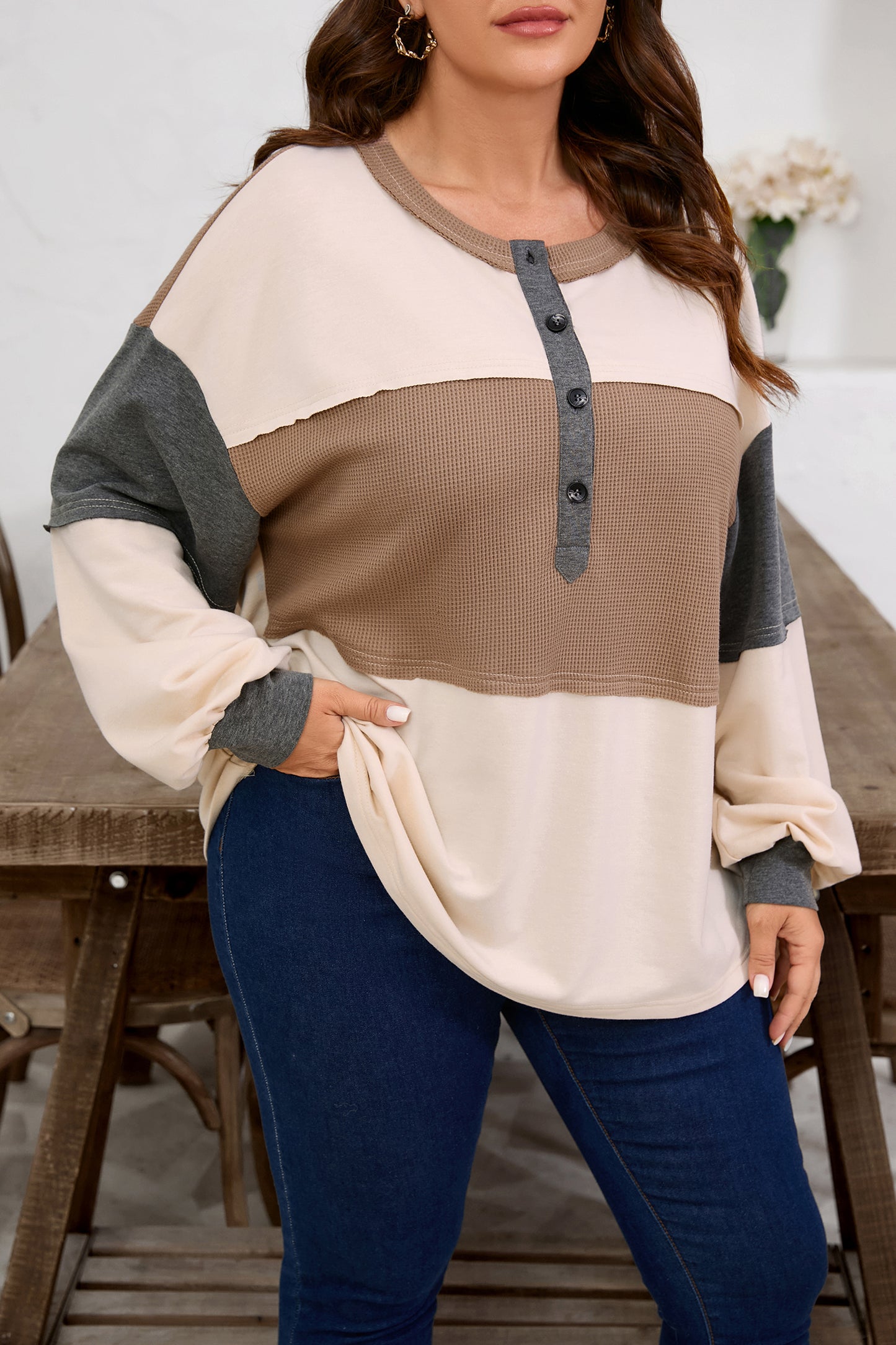 Plus Size Colorblock Waffle Knit Patchwork Half-Button Top