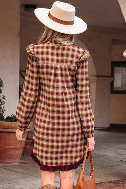 Plaid Patchwork Ruffle Hem Long Sleeve Mini Dress