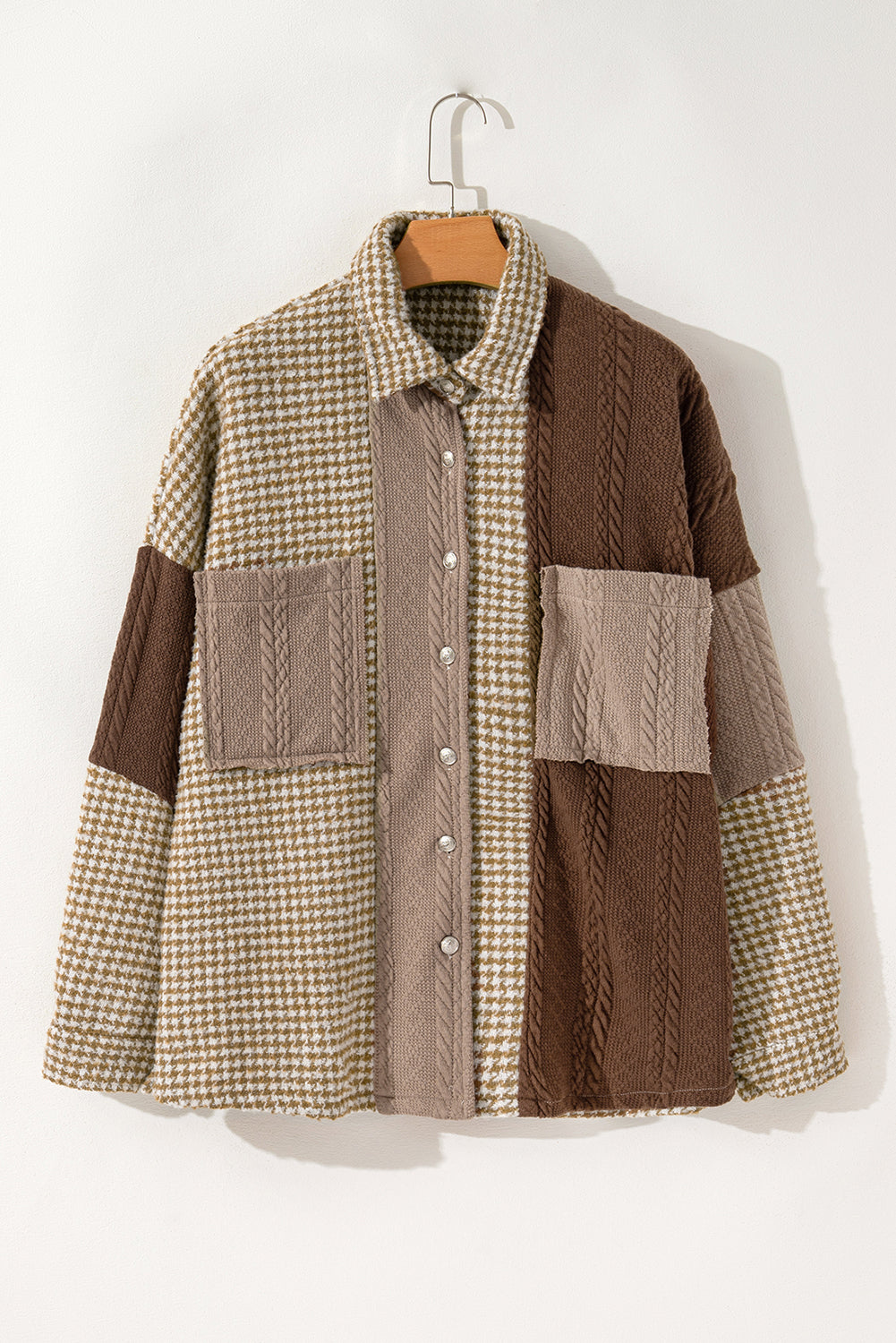 Houndstooth Cable Knit Patchwork Shacket