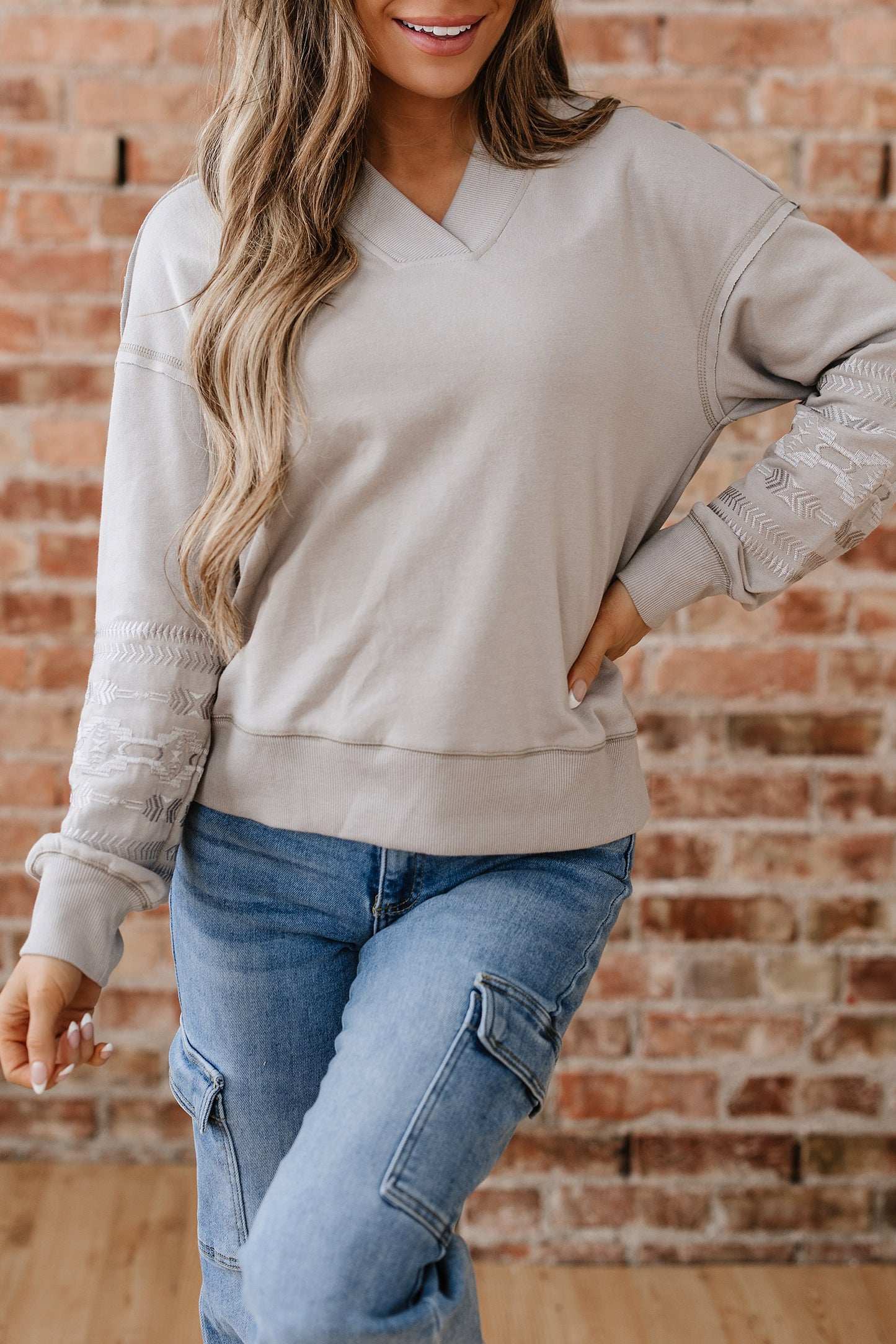 Western Aztec Embroidered Sleeve V-Neck Sweatshirt