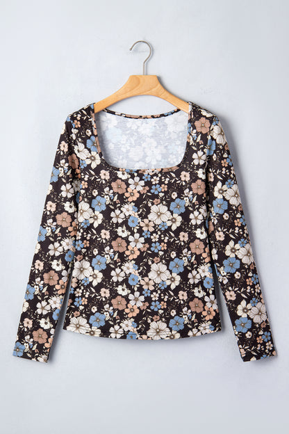 Leopard & Floral Square Neck Long Sleeve T-Shirt