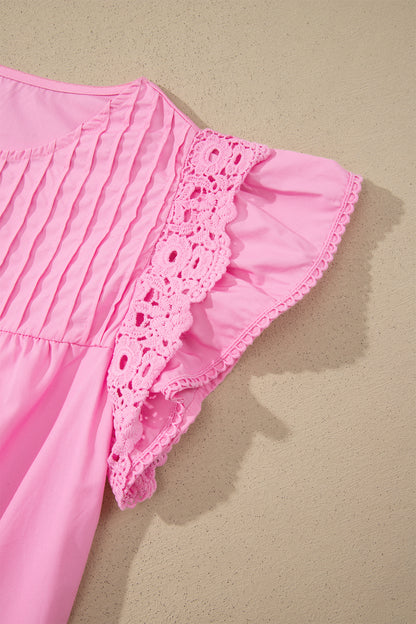 Solid Lace Flutter Sleeve Pleated Blouse