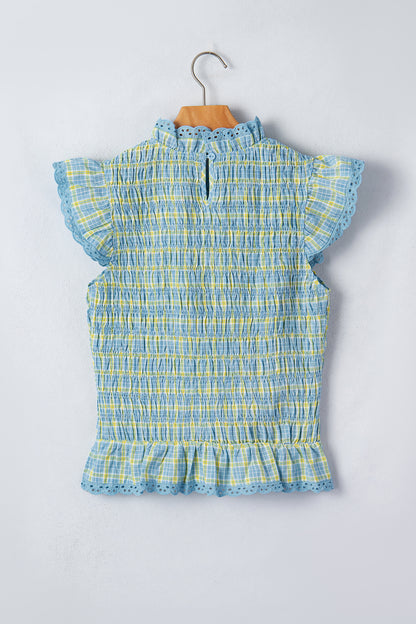 Gingham Smocked Lace Trim Tank Top