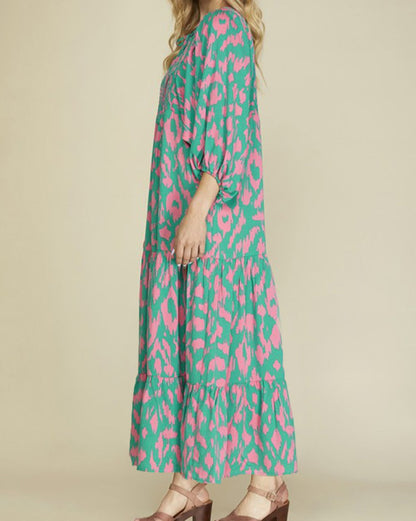 Abstract Puff Sleeve Maxi Dress