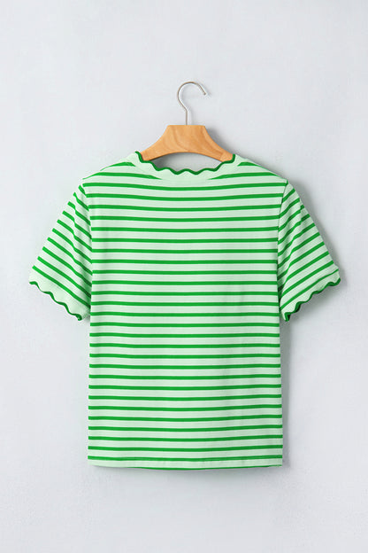 Stripe Scallop Trim Round Neck T-Shirt