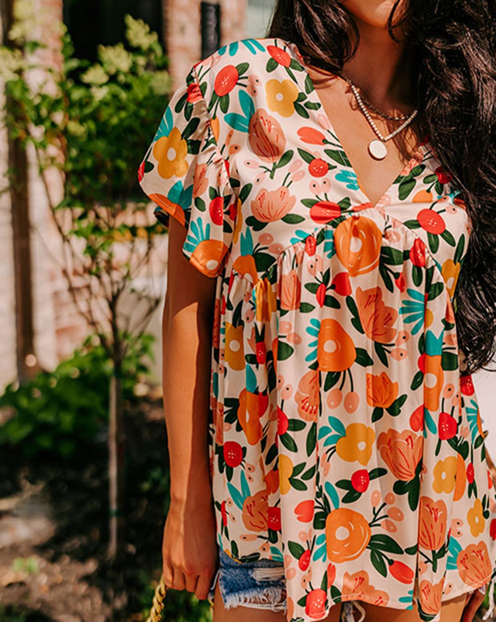 Floral V-Neck Tied Back Blouse