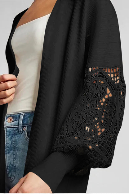 Ribbed Lace Bishop Sleeve Cardigan