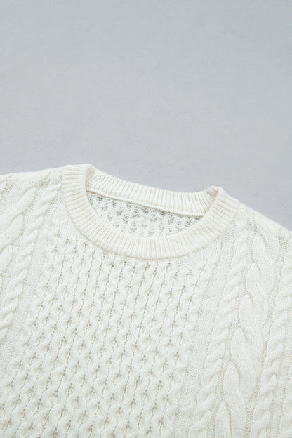 Solid Cable Knit Round Neck Long Sleeve Sweater