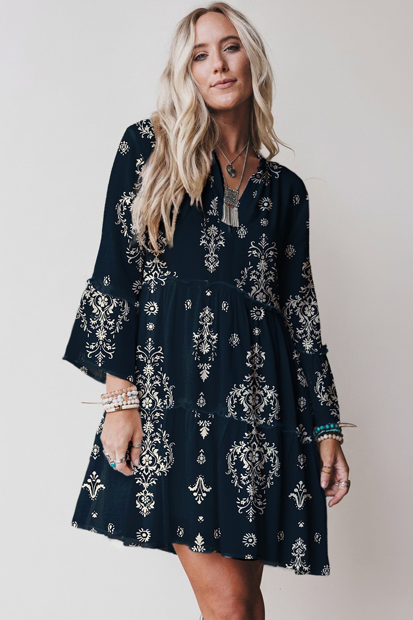 Boho Floral Lettuce Trim 3/4 Sleeve Mini Dress
