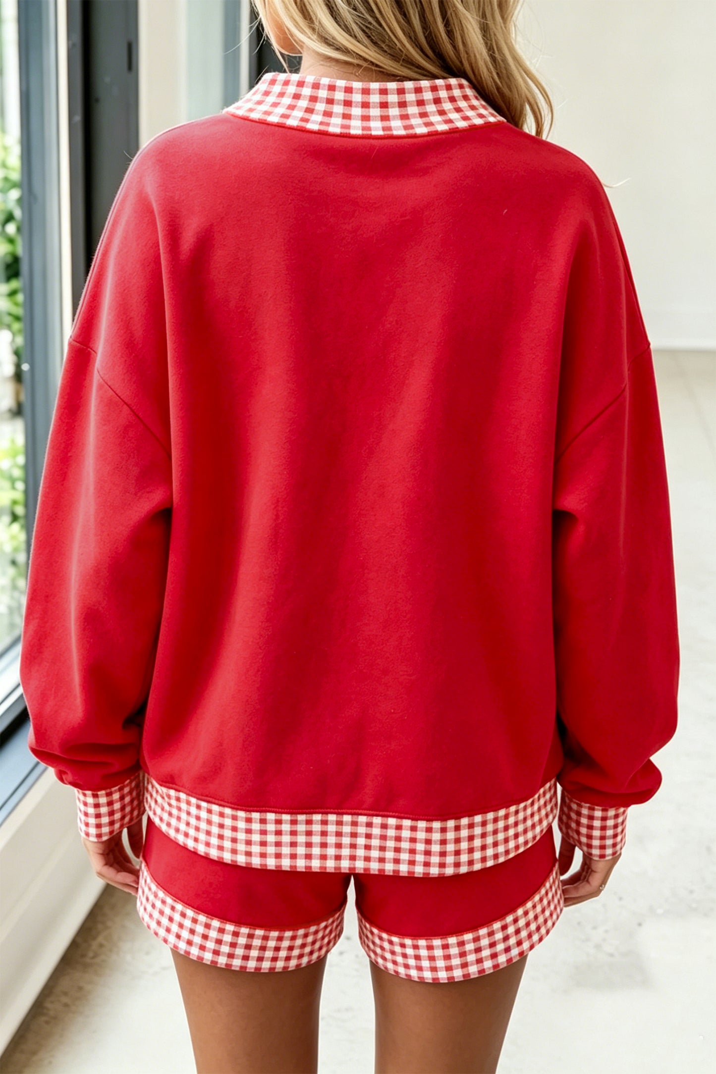 Gingham Trim Long Sleeve Pullover and Shorts Set