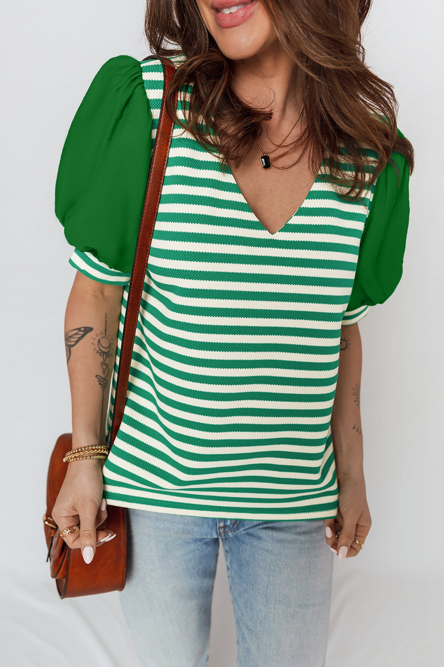 Stripe Patchwork Puff Short Sleeve V-Neck Blouse
