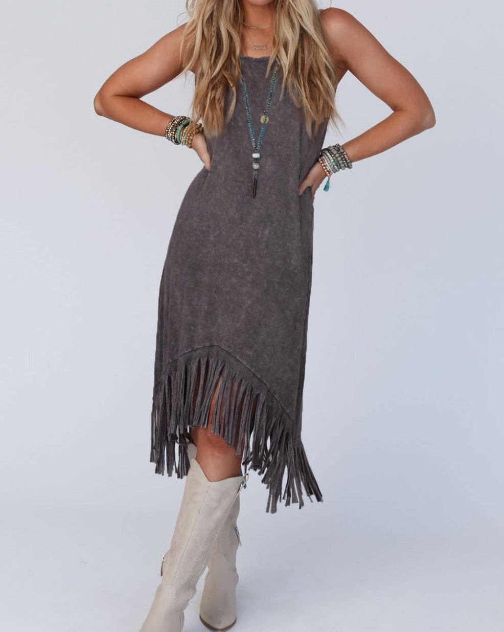 Fringe Hem Sleeveless Midi Dress