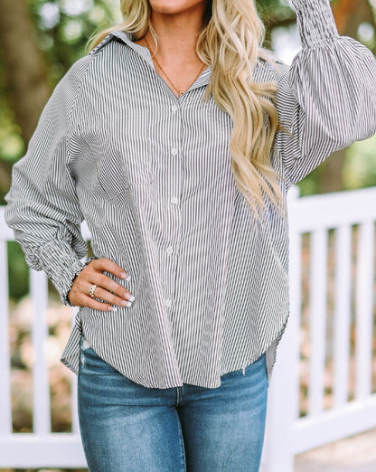 Stripe Smocked Cuff Pocketed Shirt