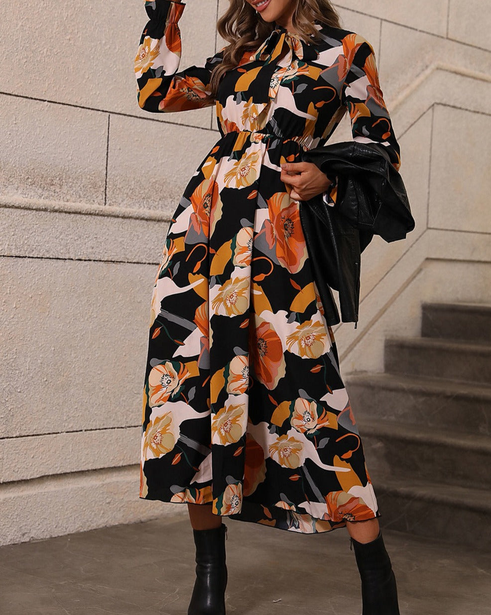 Floral Tie Neck Long Sleeve Dress