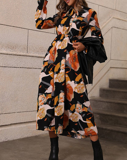 Floral Tie Neck Long Sleeve Dress