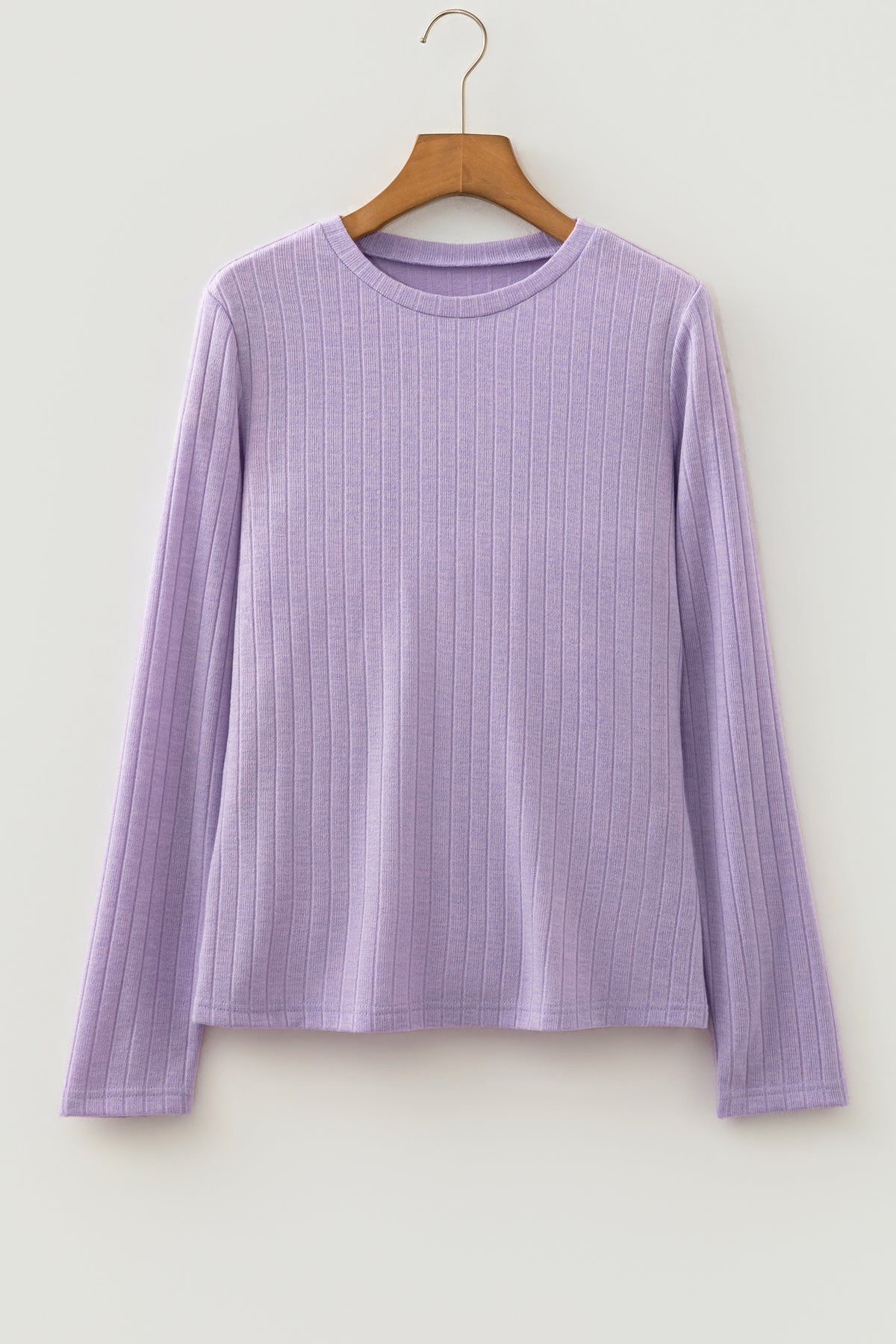 Solid Ribbed Knit Round Neck Long Sleeve Top