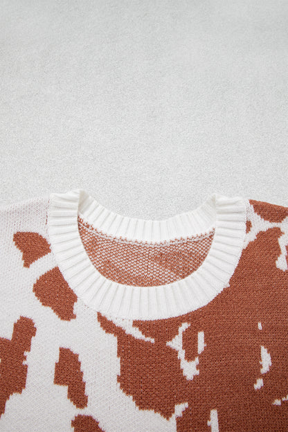 Abstract Cow Drop Shoulder Long Sleeve Sweater