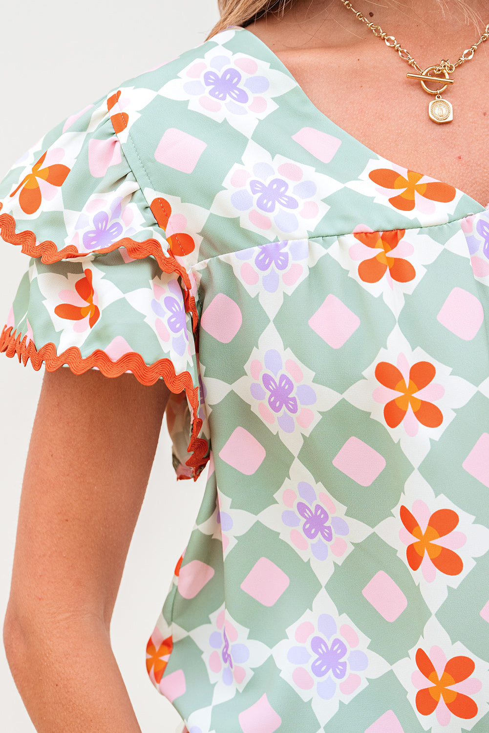 Geometric Floral V-Neck Layered Flutter Sleeve Blouse