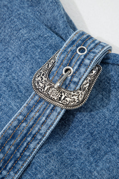 Western Denim Belted Button Down Sleeveless Dress