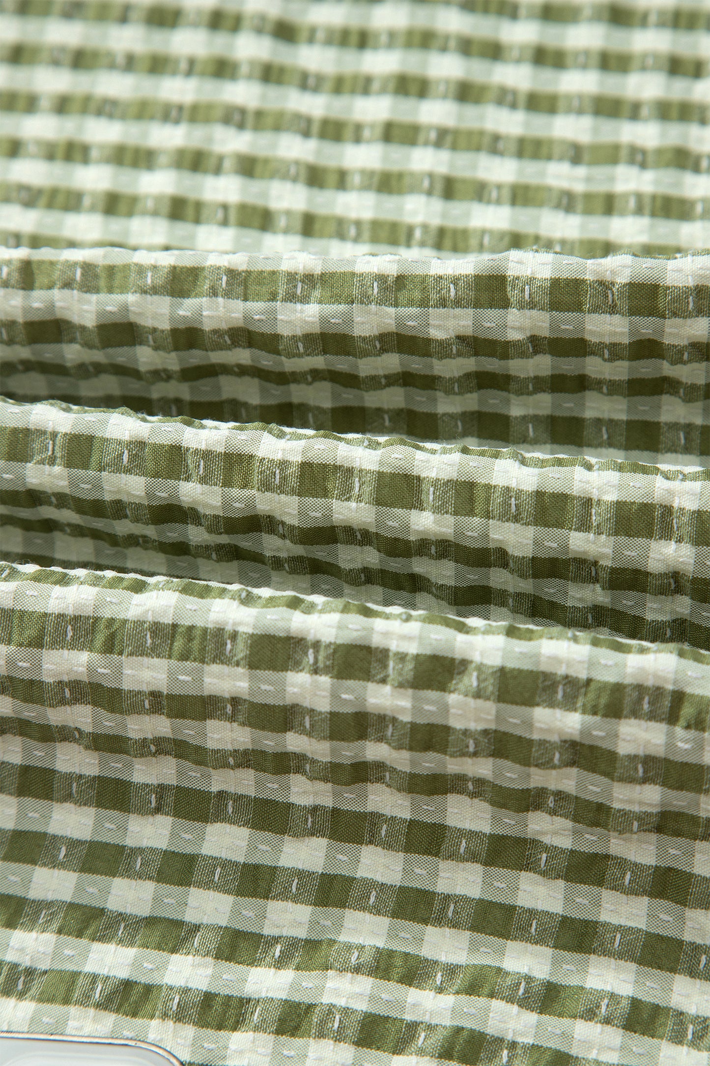 Gingham Plaid Colorblock Trim Split Neck Blouse