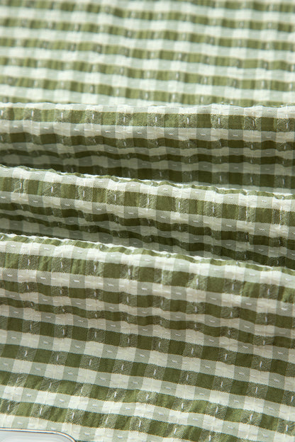 Gingham Plaid Colorblock Trim Split Neck Blouse