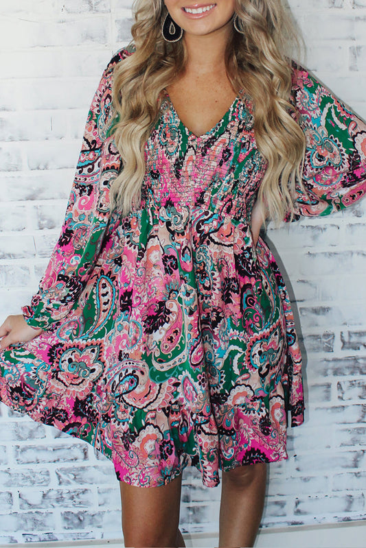 Paisley Ruffle Long Sleeve Dress