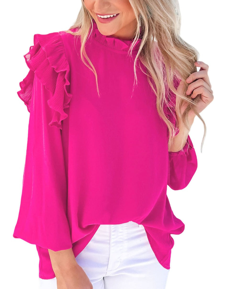 Pleated Ruffle 3/4 Sleeve Blouse