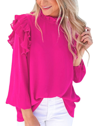 Pleated Ruffle 3/4 Sleeve Blouse